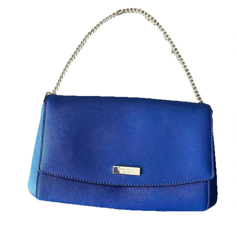 Kate Spade Laurel Way Greer Saffiano Leather‎ Purse Clutch Navy Blue Gold Chain